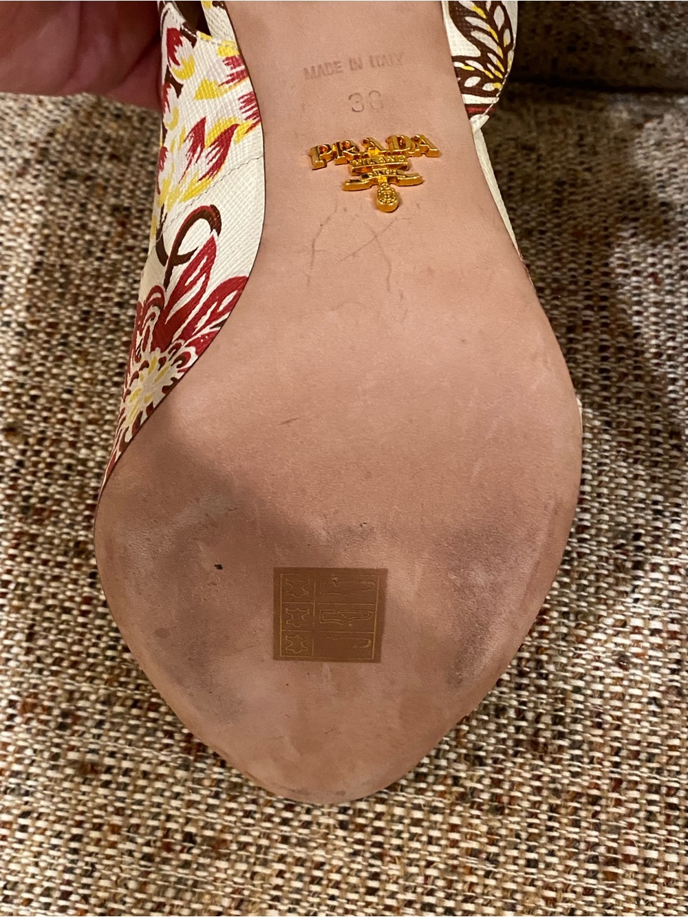 Prada Cream Floral Slingback Heels with Red & Yellow Accents - Picture 8 of 14